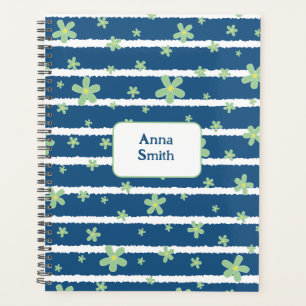  Green Daisies on Blue_ Floral Pattern Script Planner