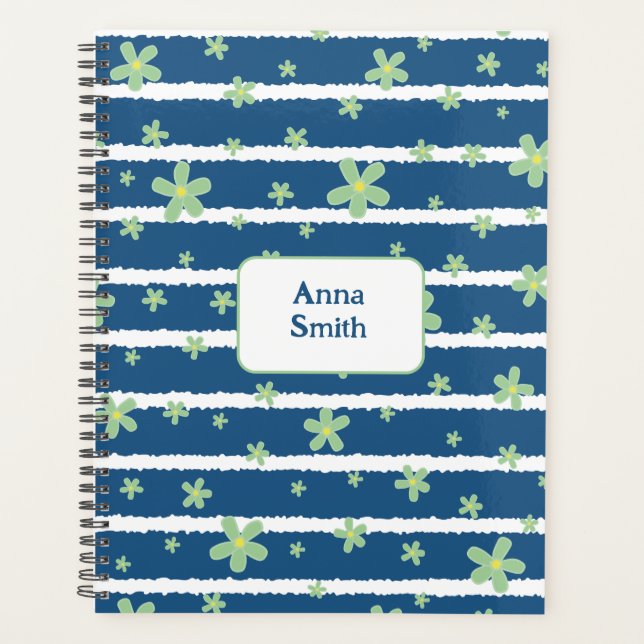  Green Daisies on Blue_ Floral Pattern Script Planner (Front)