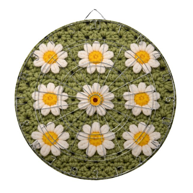 Green Daisy Granny Square Crochet Pattern Floral Dartboard (Front)