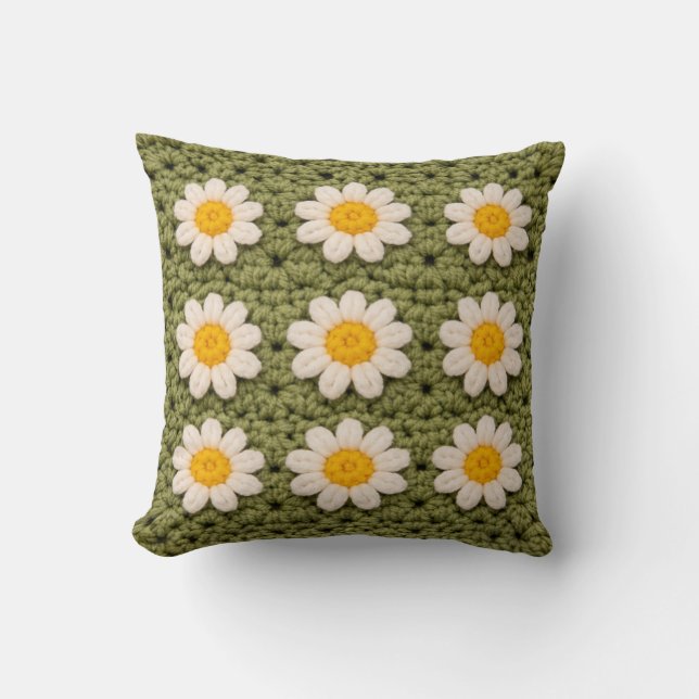 Green Daisy Granny Square Crochet Pattern Floral R Cushion (Front)