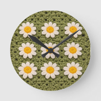 Green Daisy Granny Square Crochet Pattern Floral Round Clock