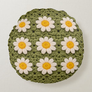 Green Daisy Granny Square Crochet Pattern Floral Round Cushion