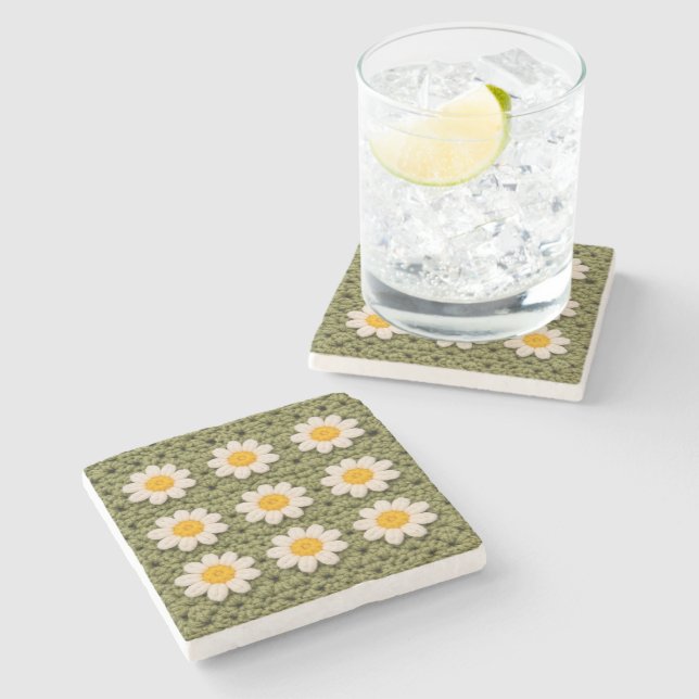 Green Daisy Granny Square Crochet Pattern Floral Stone Coaster (Side)