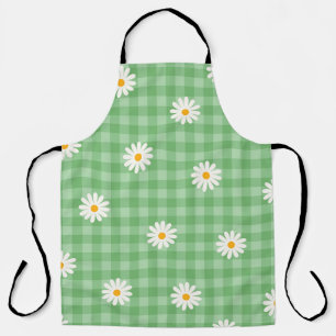 Green Daisy Plaid Gingham Check Flower Pattern Apron