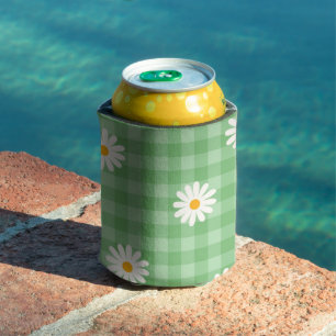 Green Daisy Plaid Gingham Check Flower Pattern Can Cooler