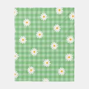 Green Daisy Plaid Gingham Check Flower Pattern Fleece Blanket