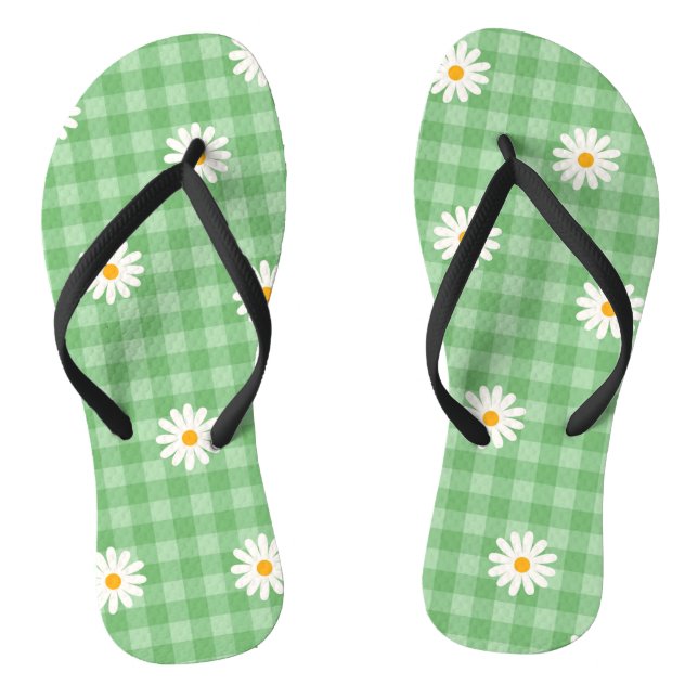 Green Daisy Plaid Gingham Check Flower Pattern Flip Flops (Footbed)