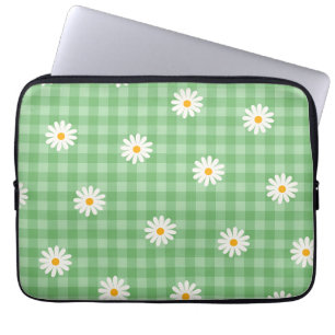 Green Daisy Plaid Gingham Check Flower Pattern Laptop Sleeve