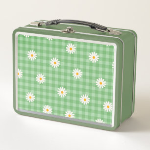 Green Daisy Plaid Gingham Check Flower Pattern Metal Lunch Box