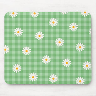 Green Daisy Plaid Gingham Check Flower Pattern Mouse Mat