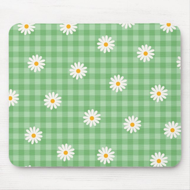 Green Daisy Plaid Gingham Check Flower Pattern Mouse Mat (Front)