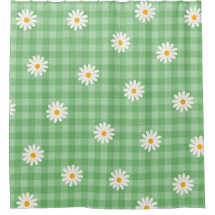 Green Daisy Plaid Gingham Check Flower Pattern Shower Curtain