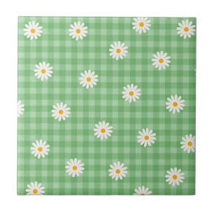 Green Daisy Plaid Gingham Check Flower Pattern Tile