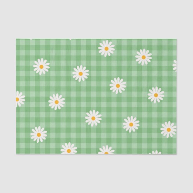 Green Daisy Plaid Gingham Check Flower Pattern Tissue Paper (Front)