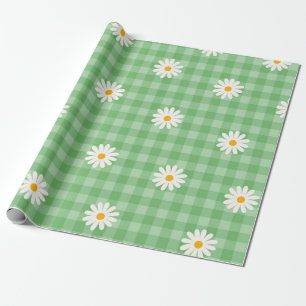 Green Daisy Plaid Gingham Check Flower Pattern Wrapping Paper
