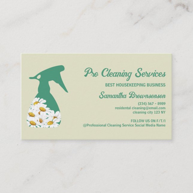 Green Daisy Spray Bottle Cleaning gardening Business Card (Front)