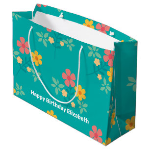 Green Daisy Vintage Bouquet Pattern Customised Large Gift Bag