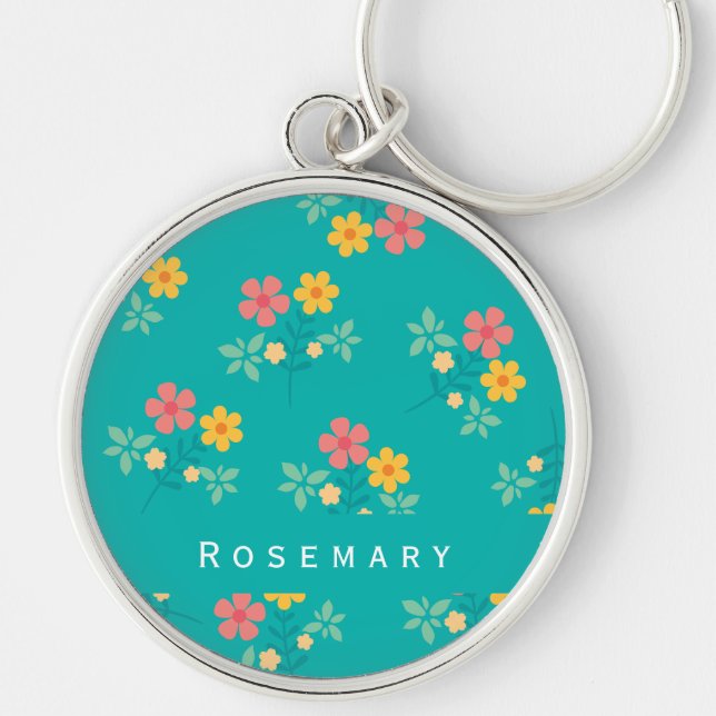 Green Daisy Vintage Bouquet Pattern  Key Ring (Front)