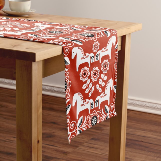 Green Dala Swedish Horse Print Long Table Runner (In Situ)