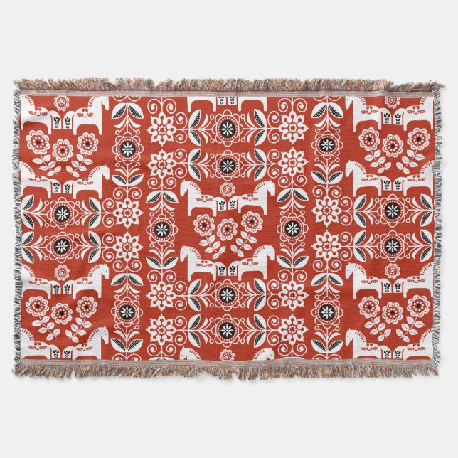 Green Dala Swedish Horse Print Throw Blanket (Front)