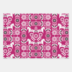 Green Dala Swedish Horse Print Wrapping Paper Sheet