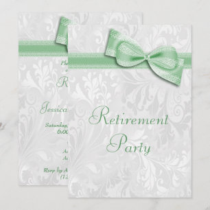 Green Damask and Faux Bow Retirement Invitation