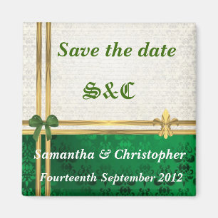 Green damask and gold ribbon save the date magnet