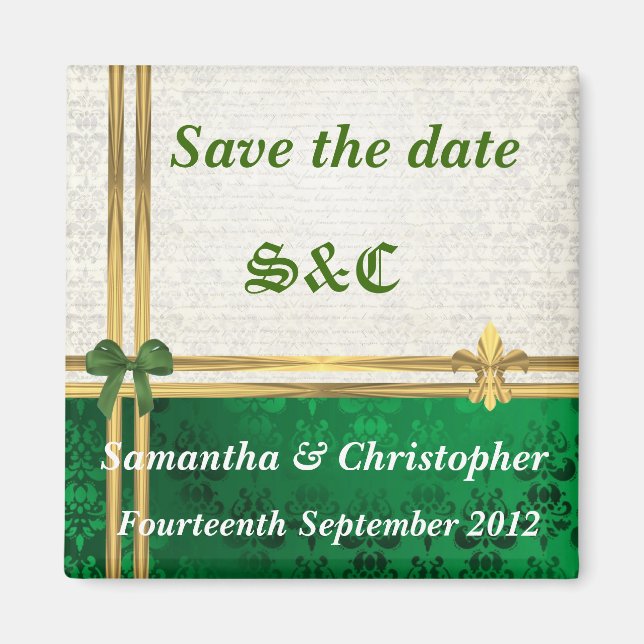 Green damask and gold ribbon save the date magnet (Front)