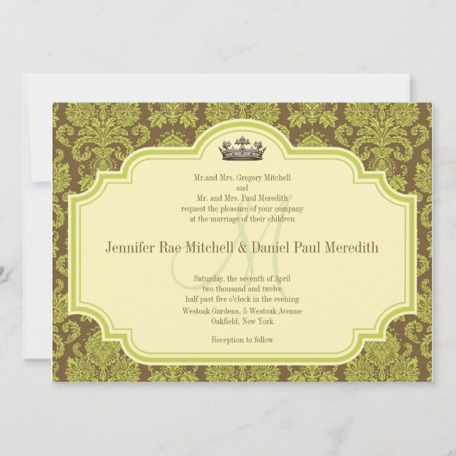 Green Damask And Monogram Wedding Invitations (Front)