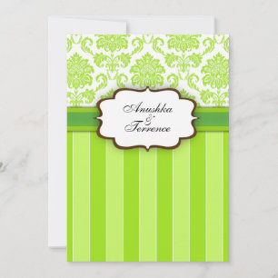 Green Damask and Stripes Wedding Invitation