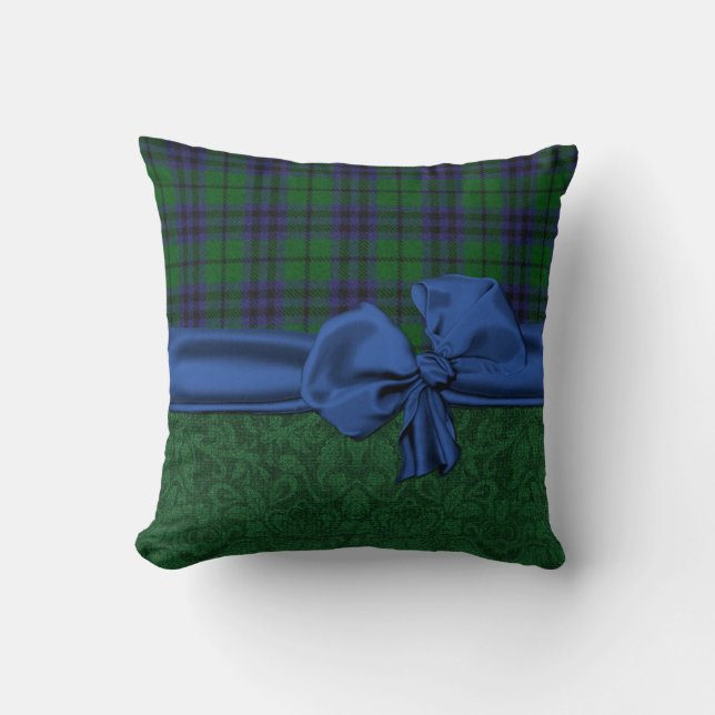 Green Damask and Tartan Plaid Pillow (Front)