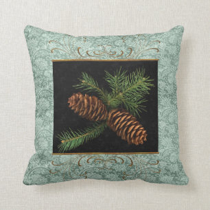 Green Damask and Watercolor Pine Cones Cushion