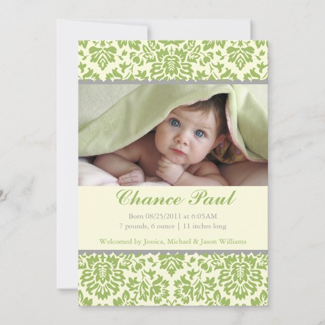 Green Damask Birth Announcement (Front)