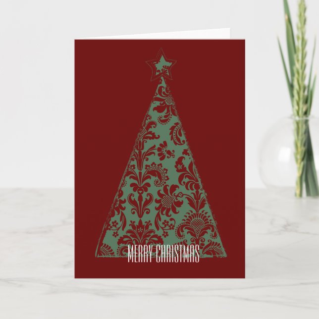 Green Damask Christmas Tree Holiday Card (Front)