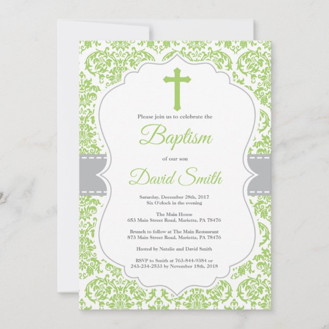 Green Damask Cross Baptism Invitation (Front)