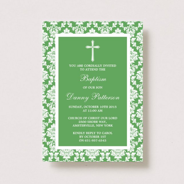 Green Damask Cross Baptism Or Christening Invitation (Creator Uploaded)