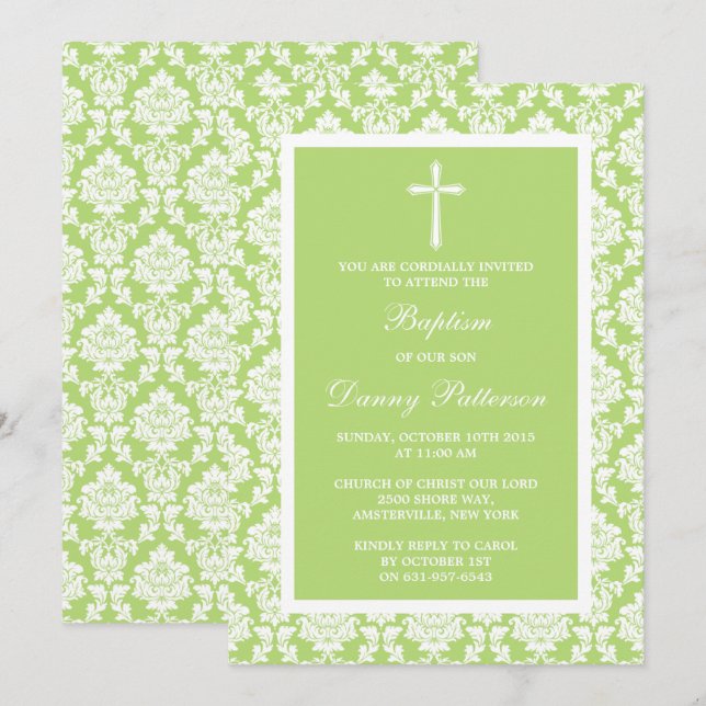Green Damask Cross Baptism Or Christening Invitation (Front/Back)