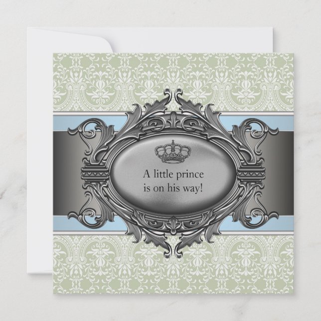 Green Damask Crown Little Prince Boy Baby Shower Invitation (Front)