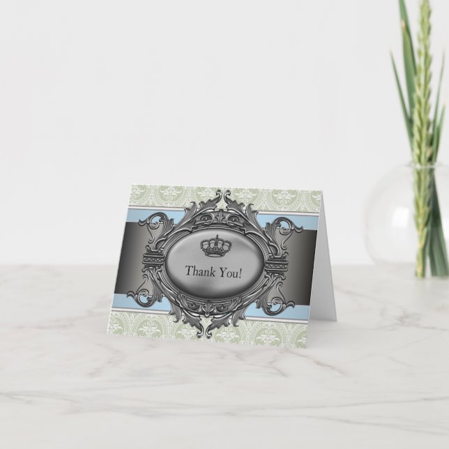 Green Damask Crown Little Prince Thank You Cards (Front)
