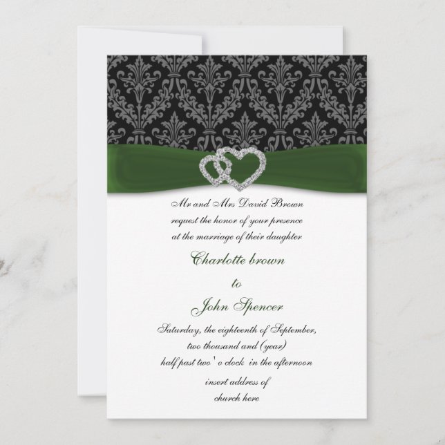 green damask diamante wedding invitation (Front)