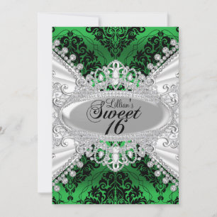 Green Damask & Diamond Tiara Sweet 16 Invite