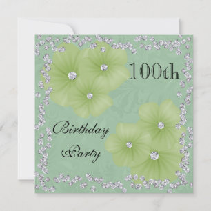 Green Damask & Flowers 100th Birthday Invitation