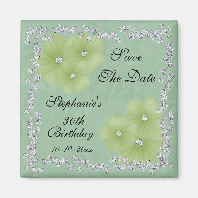 Green Damask & Flowers 30th Birthday Magnet (Front)
