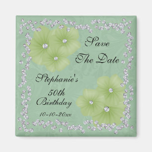 Green Damask & Flowers 50th Birthday Magnet