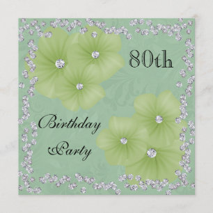 Green Damask & Flowers 80th Birthday Invitation