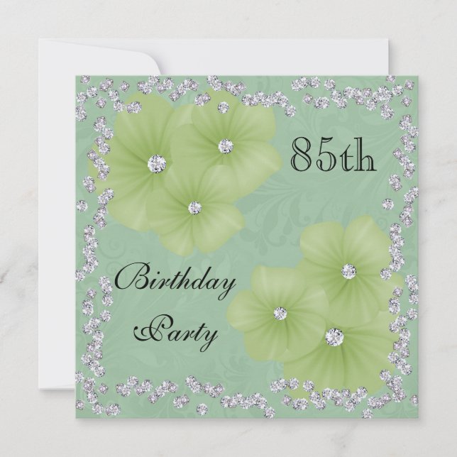 Green Damask & Flowers 85th Birthday Invitation (Front)