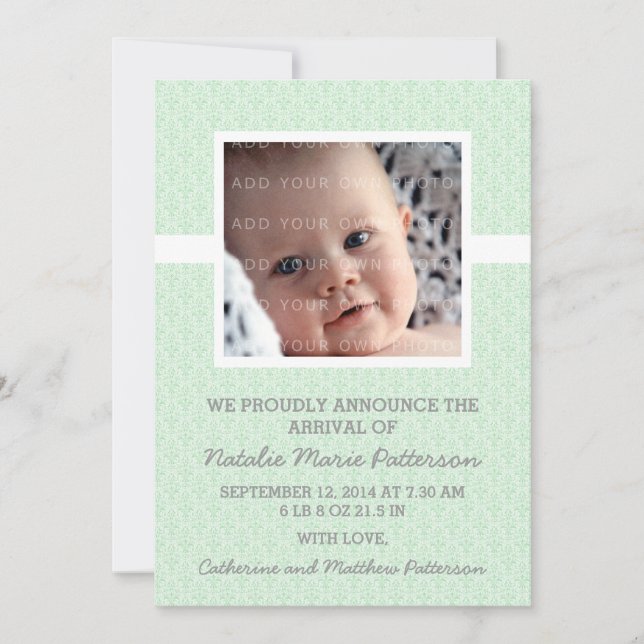 Green Damask Frame Photo Baby Announcement (Front)