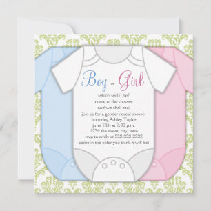 Green Damask Gender Reveal Shower Invitations