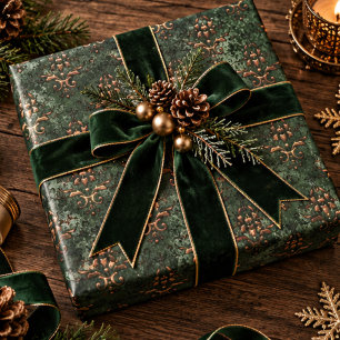 Green Damask Gold Elegant Vintage Holiday Wrapping Paper