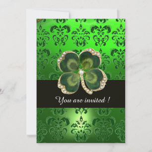 GREEN DAMASK,GOLD SHAMROCK JEWEL WITH WHITE PEARLS INVITATION